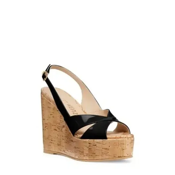 Stuart Weitzman Black Patent Leather Cork Platform Wedges - Picture 2 of 5